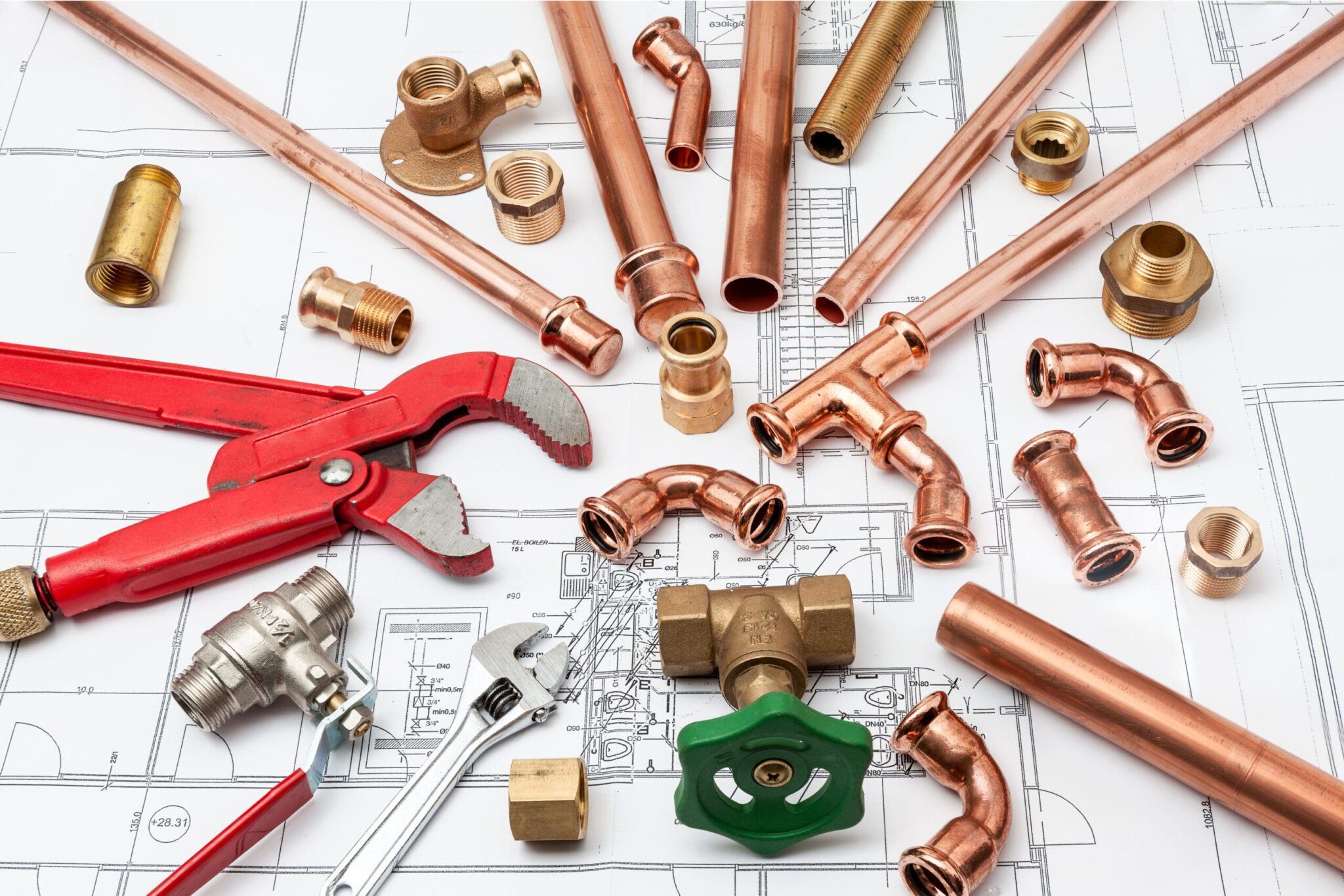 Copper pipes, fittings, valves, and plumbing tools in Cartersville