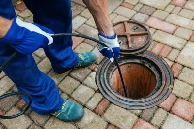 Plumber cleaning an outdoor sewer drain in Cartersville