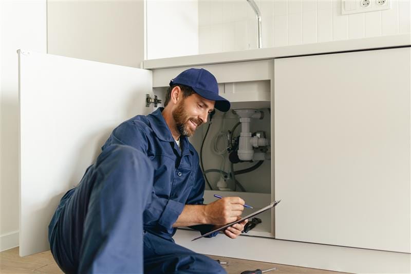 Residential plumber reviewing plumbing repairs in a Cartersville kitchen